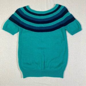 Vintage teal, blue, + black striped short sleeve fitted sweater